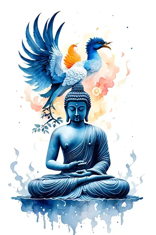 Buddha And Phoenix Rising From Ashes