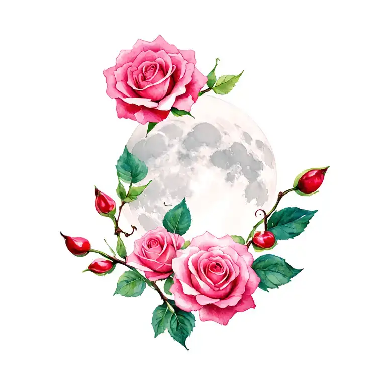 Strength Cherry Vine And Beauty Roses And Rose Buds And Full Moon In The Background