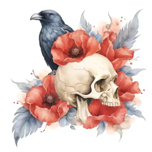 Skull Raven Poppies Blooming