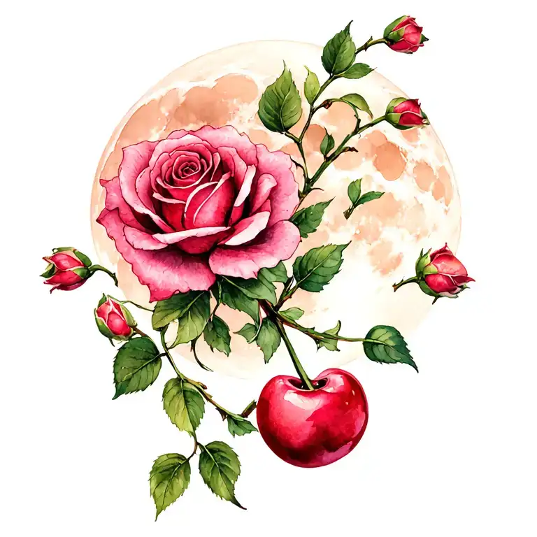 Strength Cherry Vine And Beauty Roses And Rose Buds And Full Moon In The Background