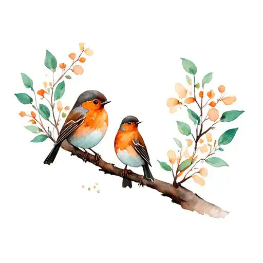 Fineline Robin Birds Sat On Branches With Small Leaves And Flowers