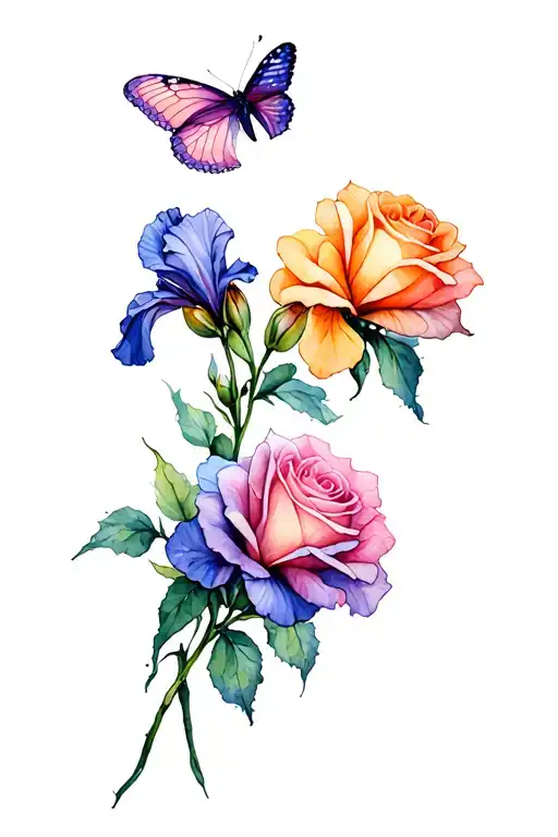 Rose And Iris Flowers Blooming With Butterfly Emerging