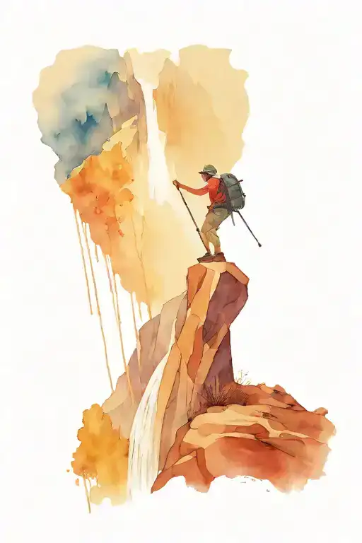 A Hiker Climbing A Waterfall With A Cricket Wicket At The Summit