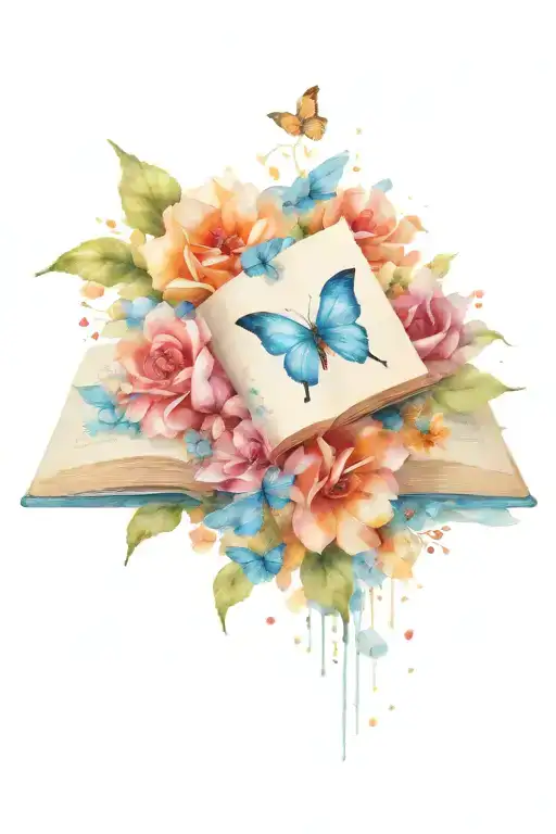 Open Book With Big Flowers And Little Butterfly's Coming Out If It