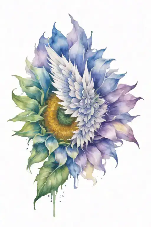 Single Sunflower Watercolor Tattoo With One Falling Angel-wing