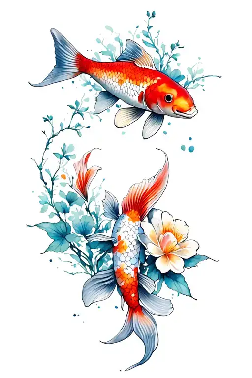 Asian Inspired Flowers And Koi Fish Symbolizing Strength And Resilience