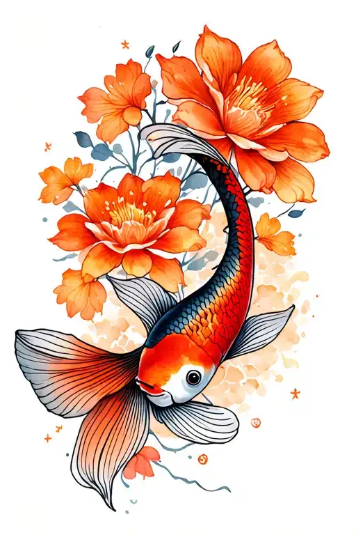Asian Inspired Flowers And Koi Fish Using Thin Black Lines With Pops Of Watercolor