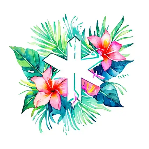 Bright Tropical Flowers And Leaves With Ems Star Of Life In Center