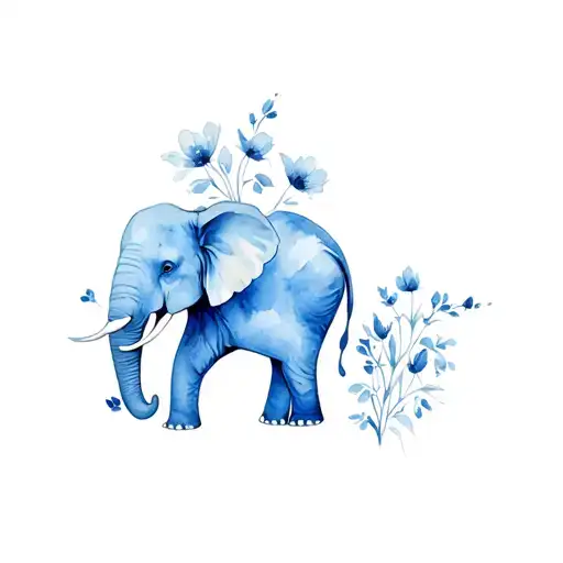 Delft Blue Flowers With Pastel Watercolour Elephant