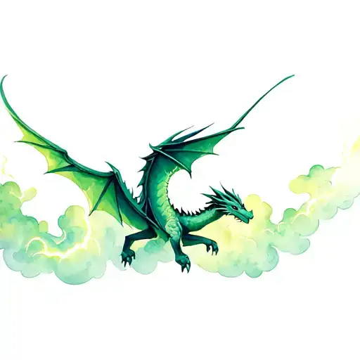 Dragon Flying In Clouds With Green Lighting Storm