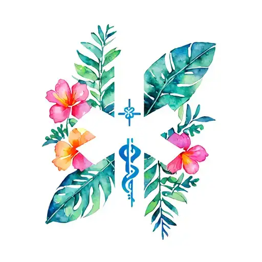 Bright Tropical Flowers And Leaves With Ems Star Of Life In Center
