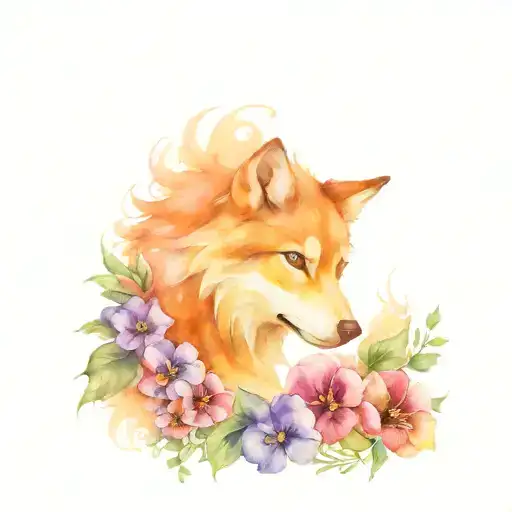 Wolf With An Owl Surrounded By Pansies