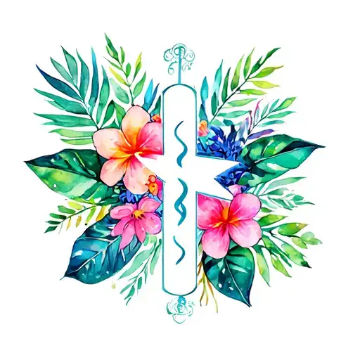 Bright Tropical Flowers And Leaves With Ems Star Of Life In Center
