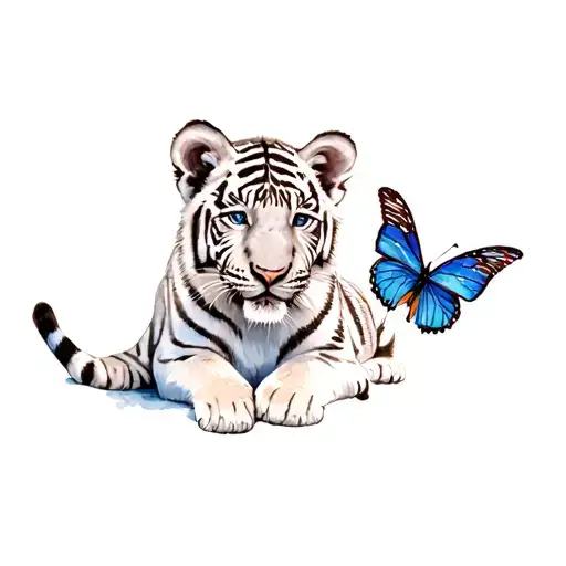 White Tiger Cub Playing With Butterfly