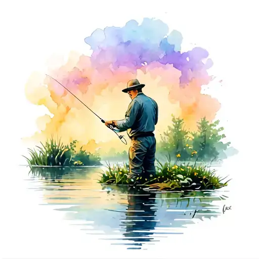 A Pond With A Man Fishing Memorial Tattoo Design