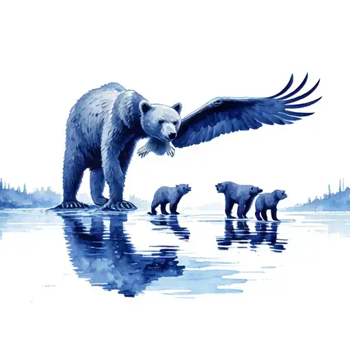 Mummy Bear And 3 Cubs River Flowing Eagle Soaring