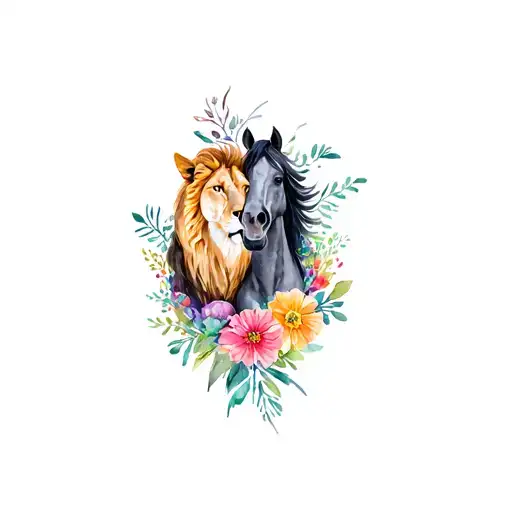 A Lion And Horse Intertwined In A Colorful Floral Bouquet