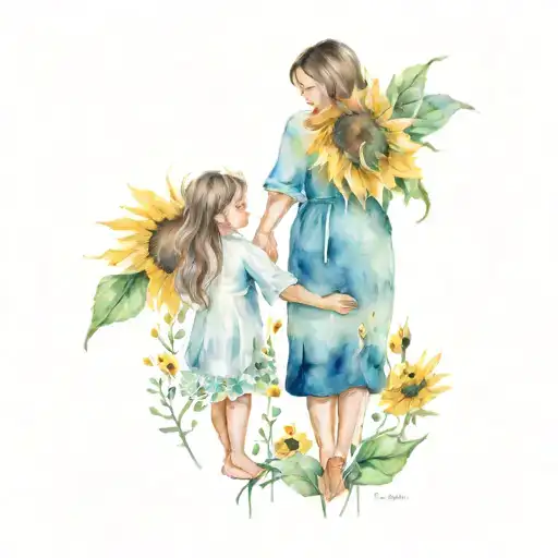 Mommy And Daughter Holding Hands Sunflowers Around And Bees Flying
