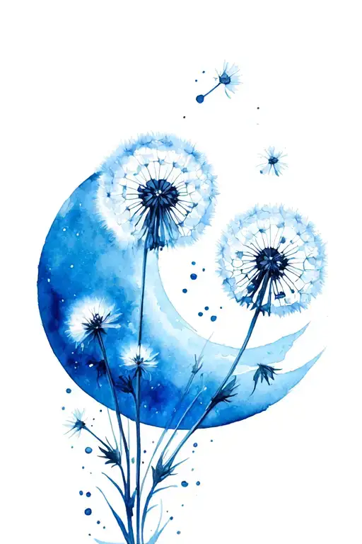 Dandelion Transforming Thru Life Cycle In Cresent Moon Orientation Watercolor