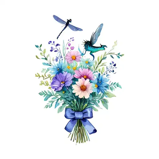 Birth Flower Boquet Held Together By Ribbon Including A Dragon Fly
