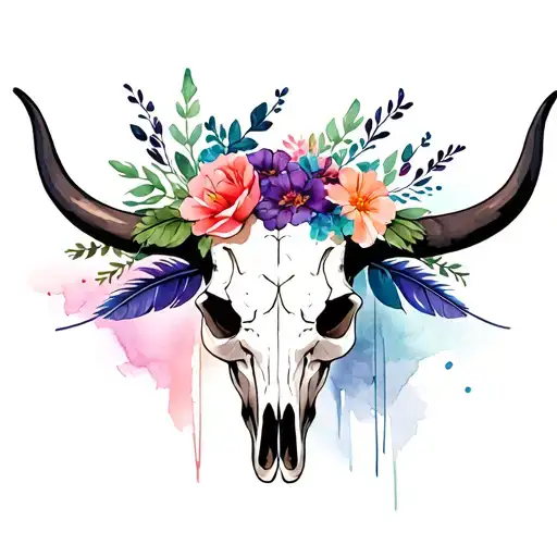 Bull Skull With Feathers And Flowers