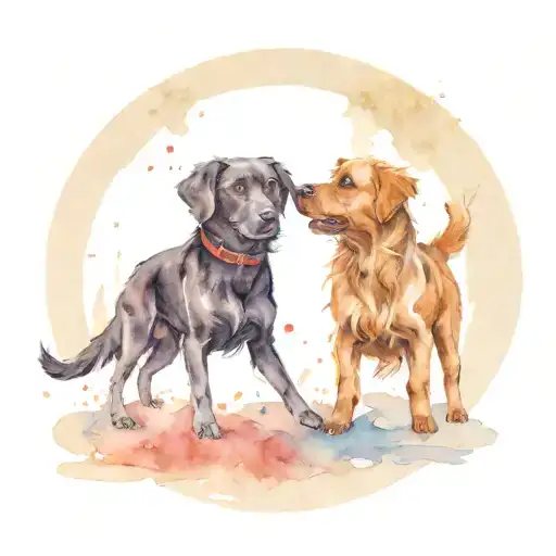 One Big Black Lab Dog And A Small Brown Yorkie Dog Running Around In A Circle With Eachother