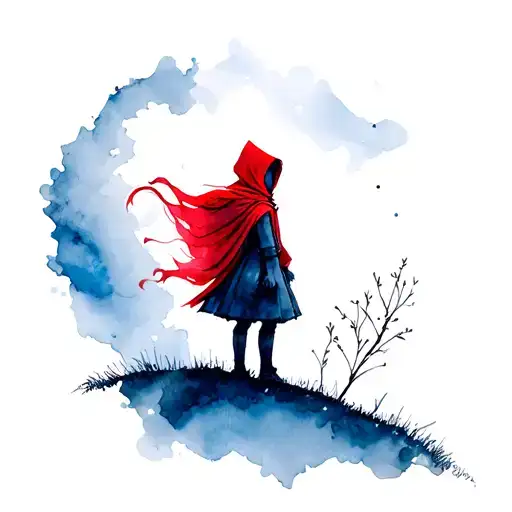 Little Girl Red Hood Standing On A Hill