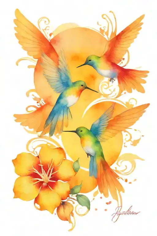 Humming Birds Flying With The Sun In The Back Ground