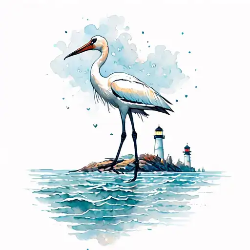 Stork And Lighthouse In The Sea