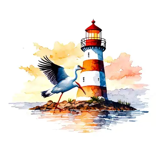 Stork In Flight Over The Lighthouse