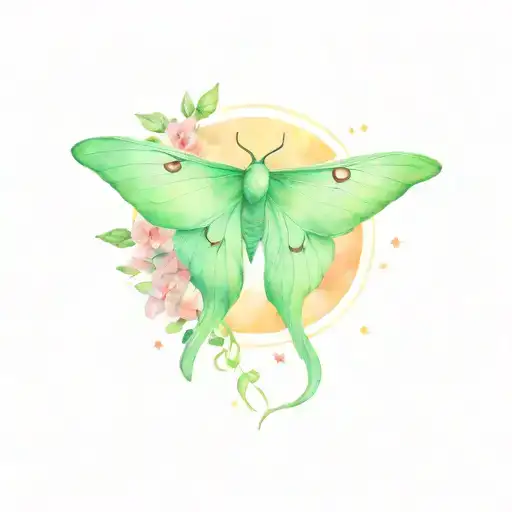 Luna Moth In The Night Sky With Rising Moon And Fireflies