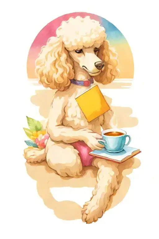 A Poodle Reading A Book With A Cup Of Coffee On The Beach