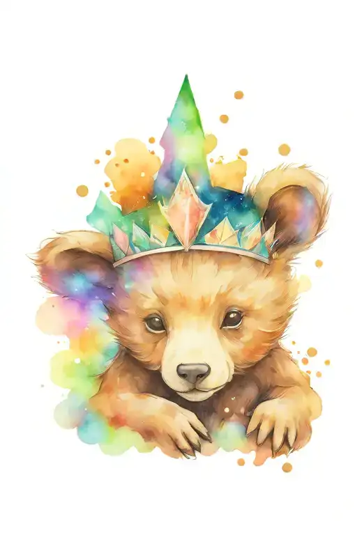 A Baby Bear Wearing A Crown Under A Sky Adorned With The Northern Lights