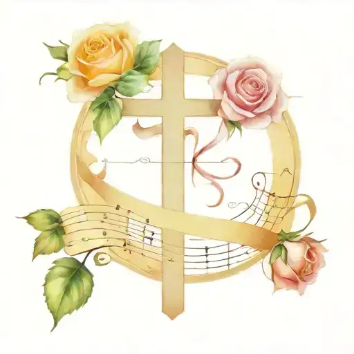 Cross With Rose And Sheet Music Note Wraped Around