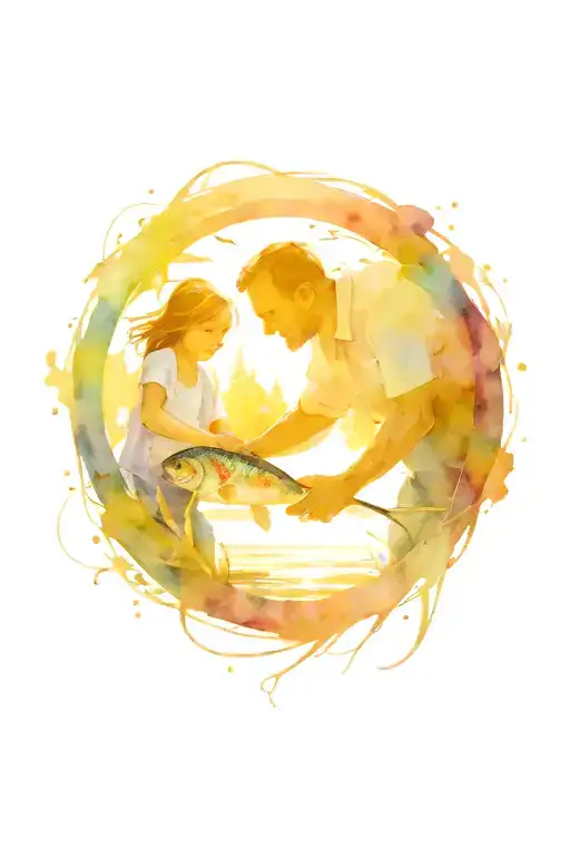 A Father And Daughter Catching Fish In Lake Surrounded