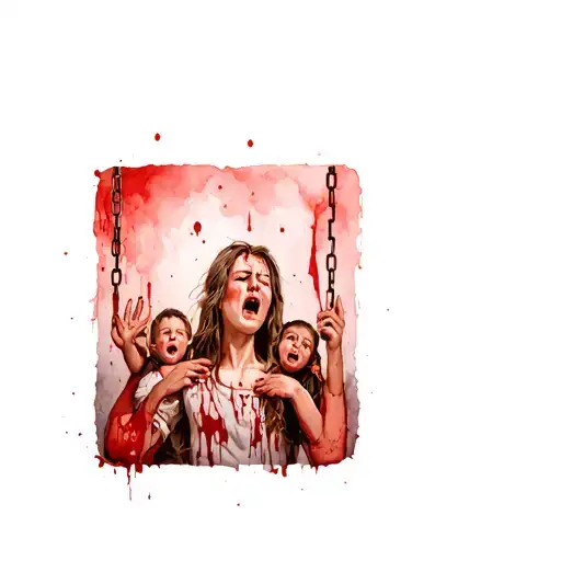 Chains With Bloody Vines Restraining A Woman Crying Holding A Picture Of Her Kids Reaching Out