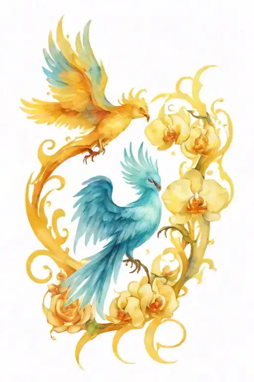 Blue Phoenix With Orchid And Roses Burning