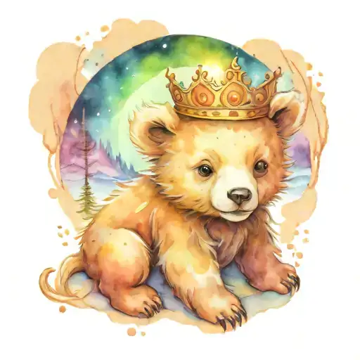 A Whimsical Scene Of A Baby Bear Wearing A Crown Under The Northern Lights