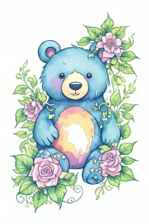 Cartoon Bear With Flowers & Ivy Vines