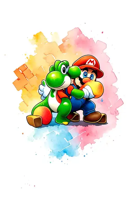Mario Bros Peaches And Yoshi In A Level With The Bricks Going Around The Arm