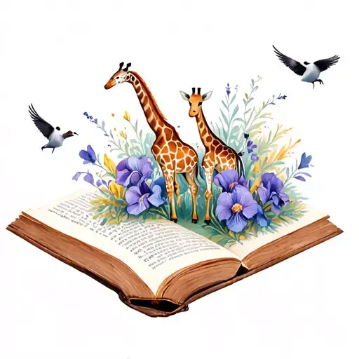 Giraffes Birds And Iris Flowers Coming Off The Pages Of An Open Book Laying Flat