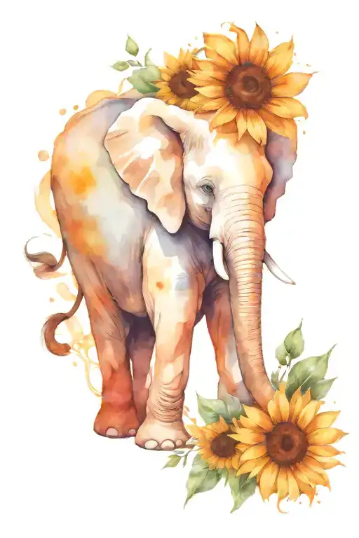 Elephant With Sunflower Blooming