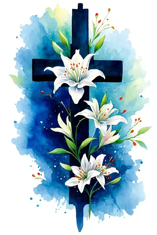 The Cross With Spider Lilies And Cherry Blossoms In The Breeze