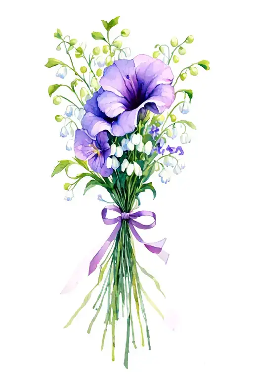 Bouquet Of Flowers Tied With Ribbon Morning Glory Lily Of The Valley And Violets