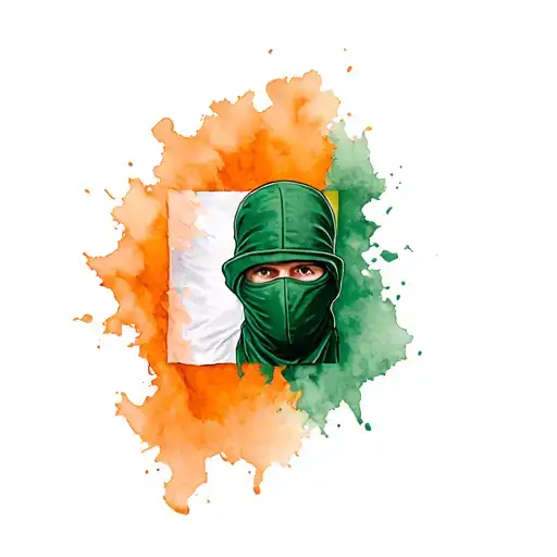 An Irish Flag With An Ira Volunteer Wearing Balaclava In The Middle Of The Flag