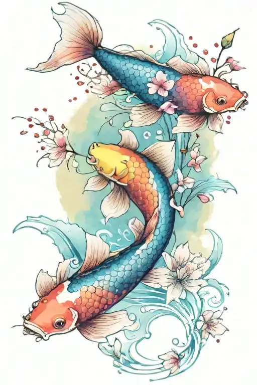 Koi Fish Swimming Lotus Blossoms Cherry Blossoms Falling Cute Fish Bright Colors