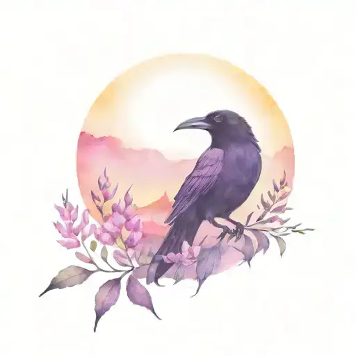 Raven And Fireweed Under Northern Lights