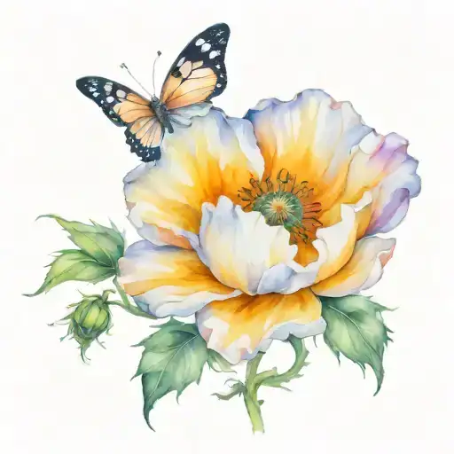 Poppy Stem Rose Stem Held By A Butterfly