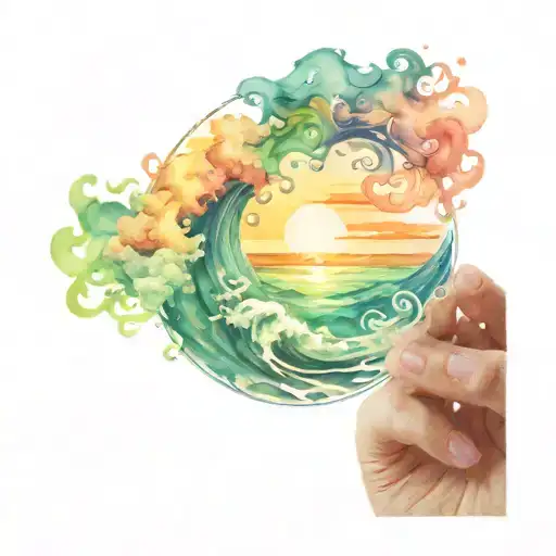 Ocean Sunrise Surrounded By Spiral Blue Green Waves