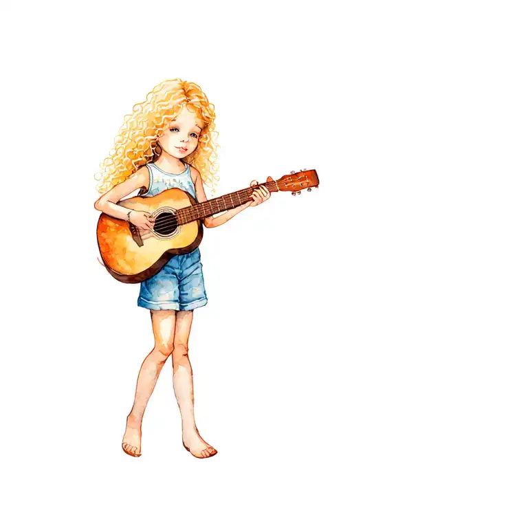 5 Year Old Curly Blonde Haired Girl Playing Acoustic Guitar